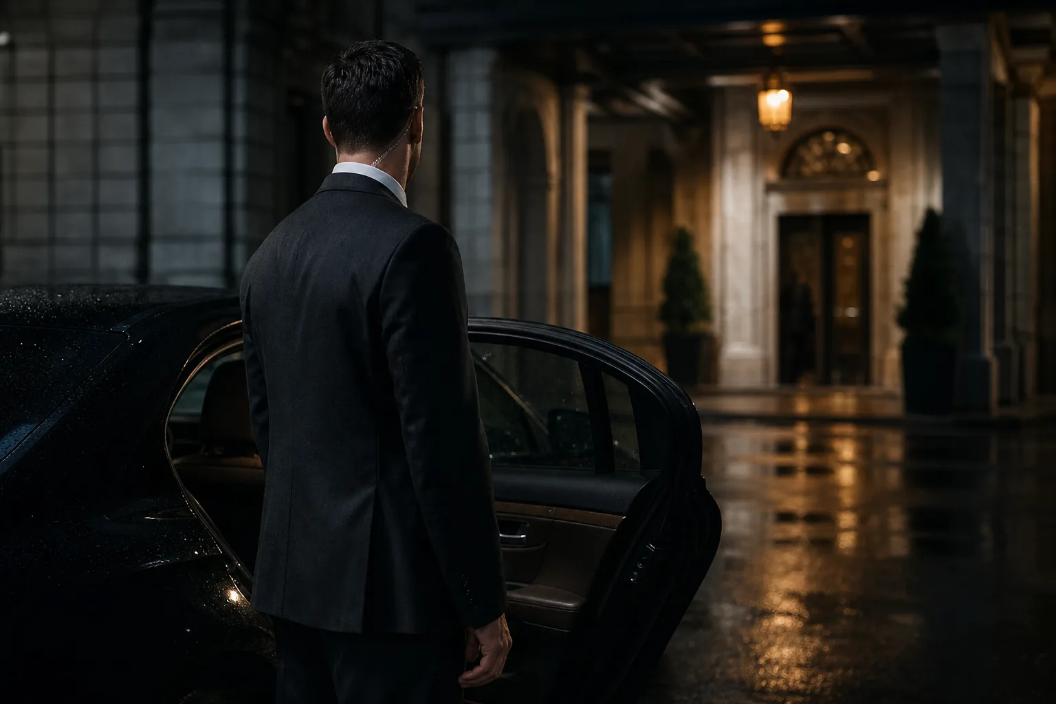 Chauffeur holding the rear door of a black executive sedan open under a covered entrance at night