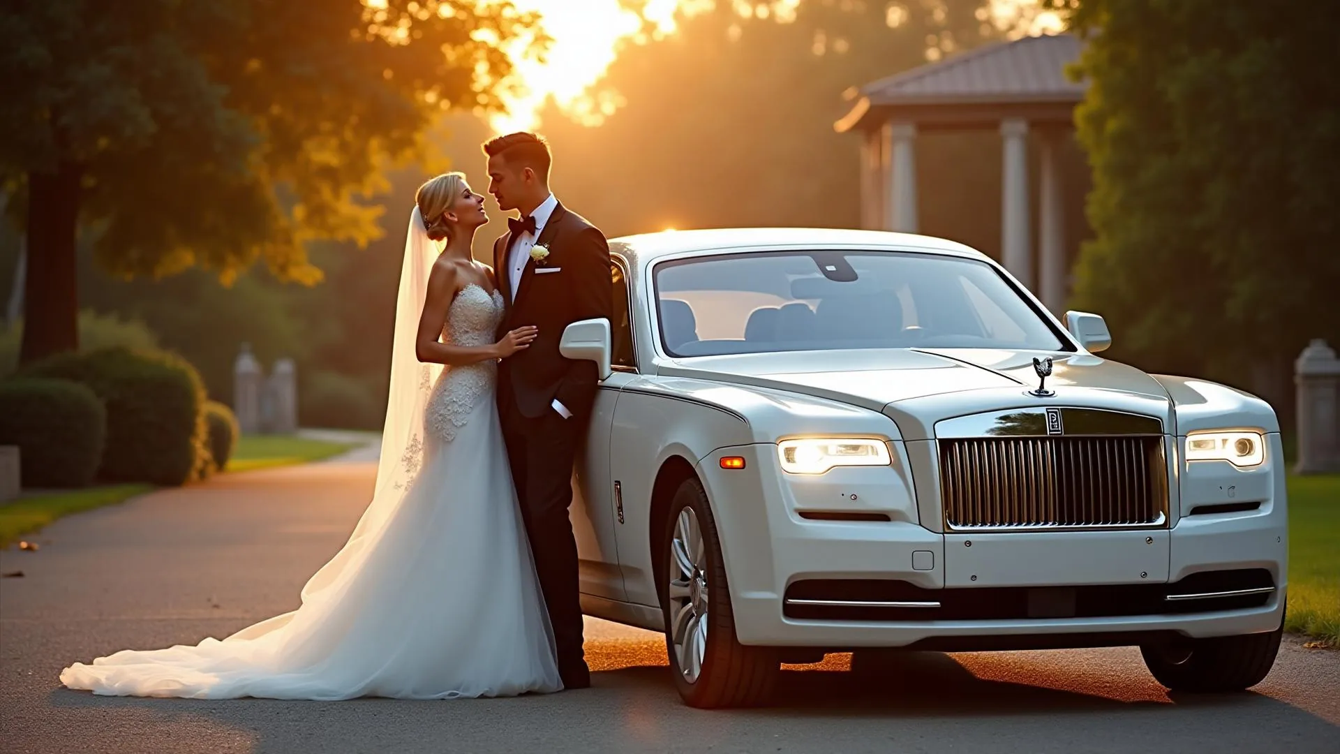 Luxury wedding car hire Brisbane — bride and groom with prestige vehicle